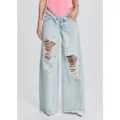 Women light blue ripped wide leg jeans with irregular folded high waist casual denim pants. - S / Light Blue