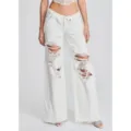 Women white distressed wide leg jeans with asymmetrical folded waist for casual chic look. - S / White