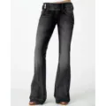 Vintage mid-rise flare jeans for women with stylish button waist design and dark wash. - XS / Black