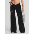 Schwarze Damen Baggy Jeans mit Rissen, weite Denim Hose mit unregelmäßigem Bund. - Schwarz