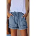 Shorts vaqueros casuales de mujer con cintura elástica cordón y dobladillo deshilachado. - Azul Índigo