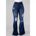 Close-up of high-waisted distressed flare jeans in dark blue wash, fitted silhouette. - XS / Dark Blue