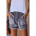 Shorts vaqueros de talle alto para mujer con cordón ajustable y dobladillo con flecos. - Negro y Gris