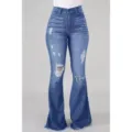 High waist distressed flare jeans for women, dark blue stretch denim bell-bottom pants. - XS / Light Blue