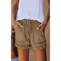 Shorts vaqueros caquis de talle alto para mujer con cordón elástico y bolsillos casual. - XS / Caqui