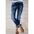 Women's washed distressed denim jeans casual high waist multi-button long trousers - XS / Dark Blue