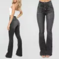 Women's high-waisted dark grey washed flare jeans with front buttons and utility patch pockets. - Black
