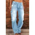 Women's light blue distressed straight leg denim jeans, casual mid waist fashion pants. - XS / Light Blue