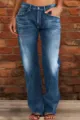 Women's blue denim jeans, mid-rise casual straight leg pants with distressed details and pockets. - Dark Blue Non-Distressed