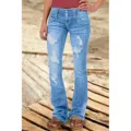 Women low rise distressed flare jeans casual light blue denim pants with front buttons - Light Blue Ripped