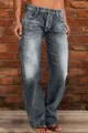 Detailed view of women washed distressed straight leg denim jeans in dark grey color. - Gray Non-Distressed