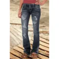 Women low rise distressed flare jeans with multi-button closure and retro washed denim style. - XS / Black Ripped