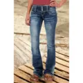 Women vintage low waist flare jeans distressed denim pants with multi button closure. - S / Dark Blue