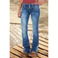 Dames retro lage taille uitlopende jeans met vintage wassing en knoopsluiting. - XL / Blauw