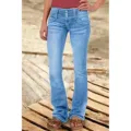 Detailed view of women light blue low rise flared denim jeans with multiple buttons. - XS / Light Blue