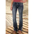 Dark wash low-rise flare jeans detail shot, highlighting the stylish multi-button waistband design. - XS / Black