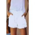 Pantalones cortos de mezclilla blancos para mujer tiro alto cordón dobladillo deshilachado - XS / Blanco