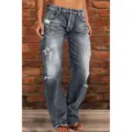 Women's mid-rise distressed straight leg denim jeans in black grey casual trousers. - Gray