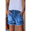Shorts vaqueros azules de mujer talle alto cordón dobladillo deshilachado variante - Azul marino