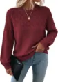 Detailed view of the women's burgundy hollow-out knitted sweater, stylish long sleeve crewneck top. - S / Tops / Burgundy