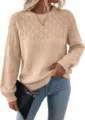 Women's casual round neck long sleeve hollow out knit sweater winter fashion pullover top - S / Tops / Apricot