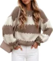 2026 Autumn Winter Women Striped Color Block Crewneck Long Sleeve Knit Sweater Top - S / Khaki