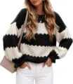 Black and white striped knit sweater detail, cozy crewneck long sleeve design for autumn style. - S / Black