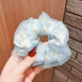 Elegant light blue chiffon scrunchie with small floral daisy pattern for women's hair - Blue Large Flower