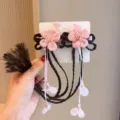 Traditional Chinese style children's hair clip with pink flowers and long black braids - Pink Floral Long Braid (109)