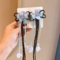 Blue flower hair clips with long braided tassels for Hanfu style hair accessories - Blue Floral Long Braid (109)