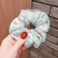 Soft double-layered floral chiffon hair scrunchie in light green with red flowers - Green Large Floral