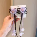 Elegant purple mesh flower hair clips with long black braided tassels for girls' Hanfu - Purple Floral Long Braid (109)