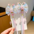 Sweet Hanfu hair clips with ethereal flowers, butterfly bows and long pastel tassels - Rabbit Ear Blue