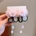 Ancient Chinese style pink flower hair clips with black faux hair braids and hanging tassels - Pink Bow Wig Braid (109)