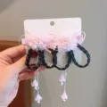 Handmade Hanfu hair clips featuring pink fabric flowers and black braided tassels - Pink Petal Floral Wig Braid (109)
