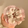 Sweet floral printed scrunchie featuring elegant pink lace trim and a delicate bow detail - Pink and White Bear Lace Edge