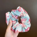 Sweet floral print fabric scrunchie in light blue and pink for elegant hairstyles - Blue Floral Striped