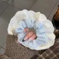 Sweet blue plaid hair scrunchie with delicate white lace embroidery for women - Blue Plaid Rhinestone Lace Edge