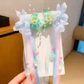 Elegantes pinzas de flores hechas a mano con cintas largas de color pastel para Hanfu - Azul Huarong
