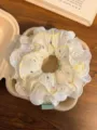 Mori-style white lace scrunchie featuring multi-colored polka dots and yellow trim detail - Yellow Lace