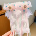 Pinzas para el cabello Hanfu con flores rosas, lazos de encaje y borlas de cinta larga - Estilo de Flor Larga