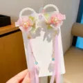 Pinzas para el cabello chinas Hanfu con flores rosas y borlas largas de cinta - Anillo Rosa