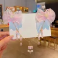 Pinzas para el cabello Hanfu mariposa rosa con borlas de perlas y detalles florales - 33-Cortina de Frente con Lazo Rosa / Rosa
