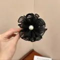 Close-up of 8cm black mesh flower hair claw clip featuring an elegant white pearl - Flower Bud Claw Clip / 1 Piece/Pack (8cm) / Black