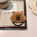Cute brown plush capybara hair tie scrunchie with high quality embroidered face details - Hair Tie / Brown