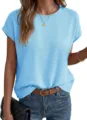 Casual light blue short sleeve knit top for women, comfortable summer round neck pullover sweater. - S / Sky Blue