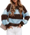 Brown and blue striped knit sweater detail, cozy crewneck long sleeve pullover top. - S / Burgundy