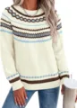 Women casual round neck long sleeve colorblock knit sweater winter top garment detail - Beige Apricot