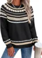 Close-up detail of women's black knit sweater featuring beige and white patterned stripes. - Black