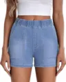 Light blue elastic waist denim shorts for women casual summer daily wear apparel detail - S / Sapphire Blue